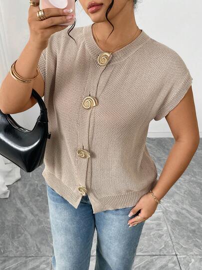 SHEIN LUNE Phong cách Pháp thanh lịch, áo cardigan dệt kim tay ngắn cổ tròn màu be, chi tiết cúc xoắn ốc, thiết kế trẻ trung, kiểu dáng đa năng, cổ tròn, eo ôm sát, thích hợp cho mùa xuân/hè, lý tưởng cho đi làm và hẹn hò.