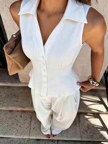 Franclia Áo sơ mi trắng không tay dáng ôm, thanh lịch và thoải mái dành cho nữ, có cổ, hoàn hảo cho mùa hè, kỳ nghỉ xuân, phong cách đơn giản, trang phục thường ngày, trang phục trang nhã, trang phục dự lễ hội âm nhạc, trang phục đi biển, chất liệu vải trắng. Áo sơ mi trắng không tay thanh lịch, áo kiểu phương Tây màu trắng, áo nữ, áo vest trắng thanh lịch cho nữ, áo nữ, áo sơ mi không tay thanh lịch, áo công sở thường ngày cho nữ, bộ trang phục đi nghỉ mát cho nữ, trang phục thường ngày cho nữ, trang phục mùa hè cho nữ, bộ đồ phối hợp sang trọng cho nữ, trang phục mùa xuân cho nữ. - trắng - Xem 4