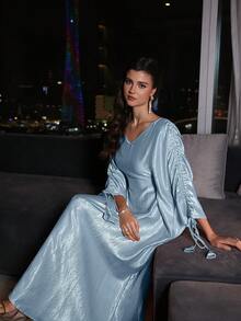 Al Najma Fashionable Elegant V-Neck Batwing Sleeve Ruched Long Dress, Spring/Summer - Baby Blue - View 6