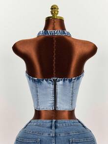 Slaydiva Top corto de denim con halter y amarres desgastados para mujer - Azul - Ver 2