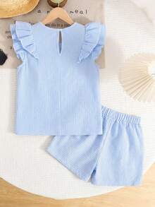 SHEIN LMoss Kids 少女两件套：休闲舒适蓝白条纹圆领荷叶边上衣和裤子 - 藍色 - 查看 2