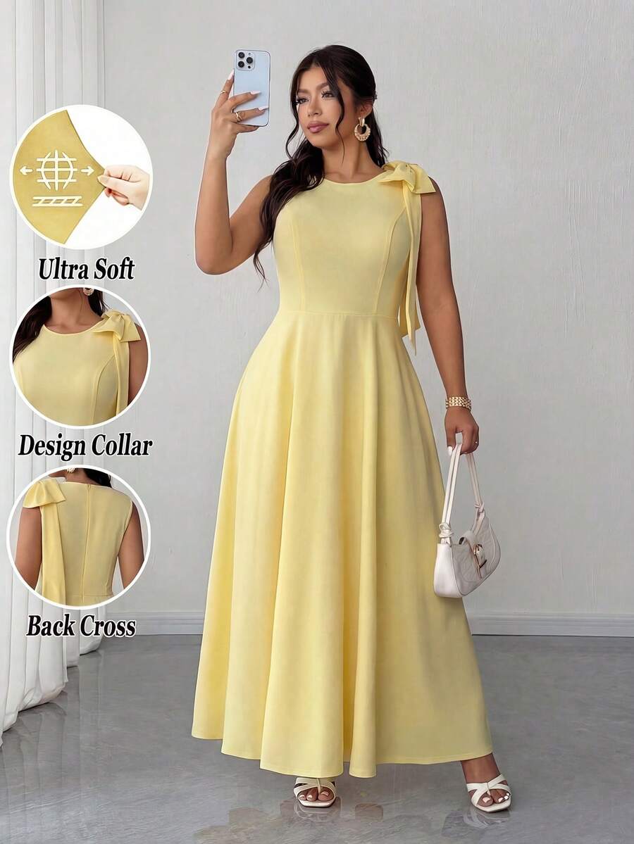 Elenzga Đầm xòe không tay, thanh lịch, lãng mạn, dáng suông, dành cho nữ cỡ lớn, thích hợp cho mùa xuân/hè. - Màu vàng - Xem 1