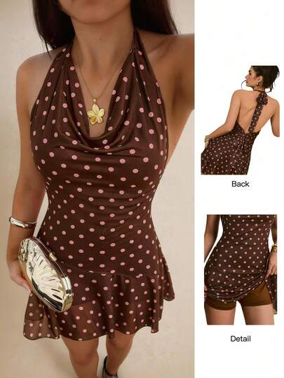 Poéselle Đầm ngắn cổ xếp ly in chấm bi dành cho nữ