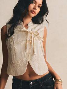 Poéselle 女士时尚优雅系带无袖衬衫，夏季 - 白色 - 查看 1