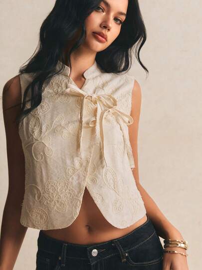 Poéselle 女士时尚优雅系带无袖衬衫，夏季