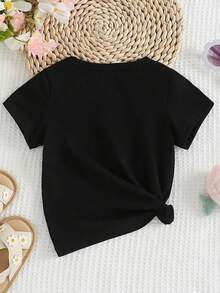 春夏女童休闲时尚创意个性清新简约柠檬茶图案T恤，舒适日常穿着 - 黑色 - 查看 2