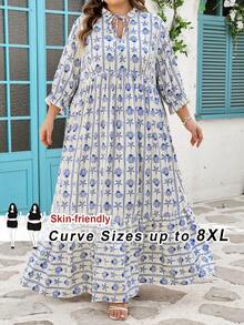 SHEIN CURVE+ Curve 尺码 US22 音乐节、海滨度假、波西米亚风女士蓝白海星印花夏季长裙，舒适百搭，适合度假波西米亚风格 - 白色 - 查看 12