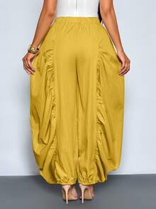 SOLERSUN 女士时尚纯色宽松休闲裤，褶裥设计，大口袋，松紧腰带，阔腿版型，适合日常穿着。 - 芥末黃 - 查看 2