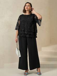 Chikora Plus Size Elegant Commuter Embroidered Mesh Top And Pants 2 Pieces Set - Black - View 4