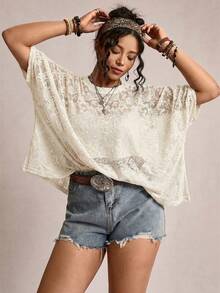 Freevana 大码薄纱蕾丝休闲T恤 - 米色 - 查看 2