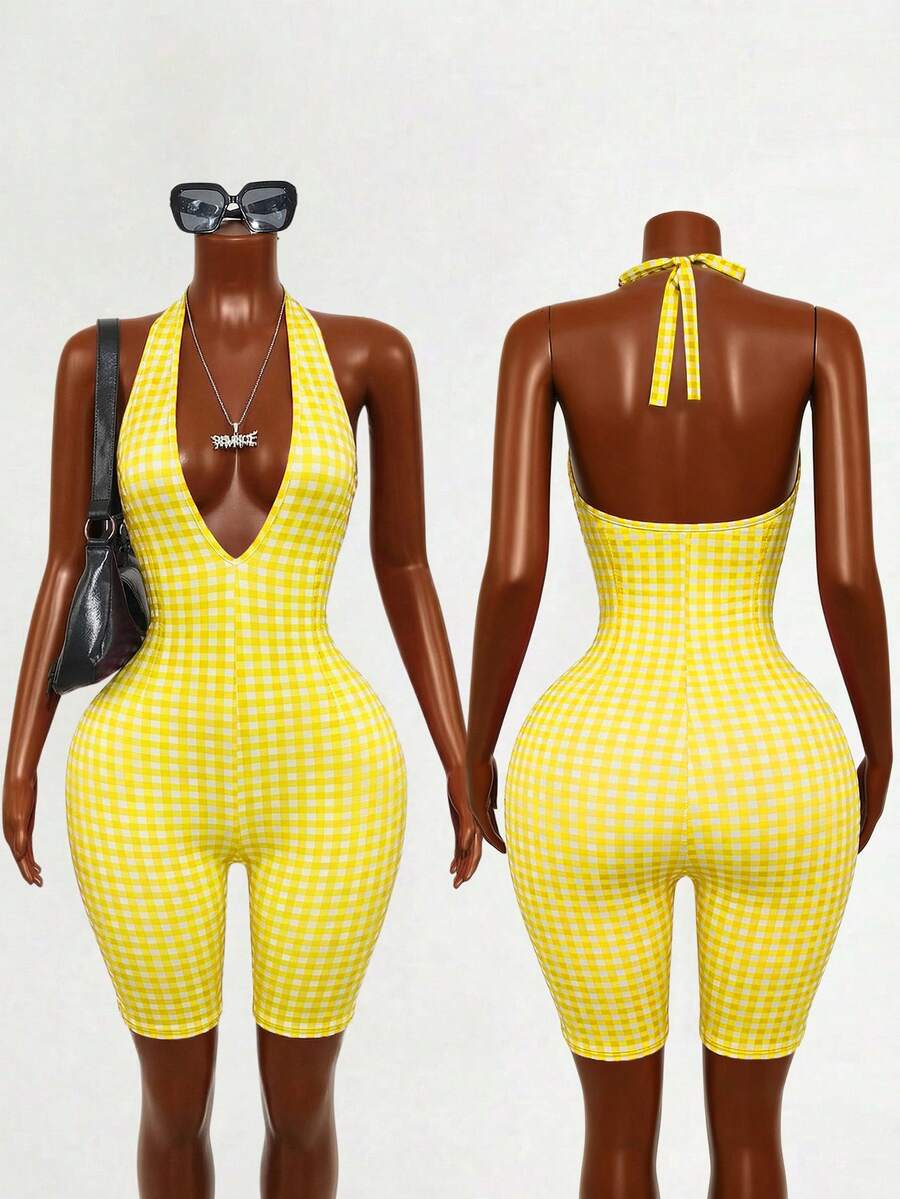 BamGleam 性感格子露背吊带紧身连体裤，夏季 - 黃色 - 查看 1
