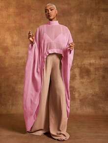 Blusa larga de gasa negra transparente con mangas drapeadas - Rosa Pálido - Ver 3