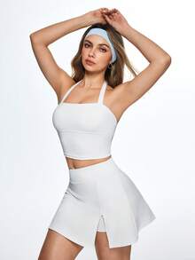 Eassivo High Waist Casual Split Hem Summer Yoga Pants - White - View 3