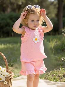 SHEIN Playful Pals Baby Girls' Cute Jacquard Camisole And Jacquard Shorts Set, Spring/Summer - Pink - View 3