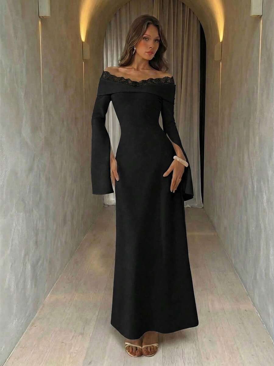Aloruh Apricot Color Knit Off-Shoulder Long Dress For Women - Black - View 1