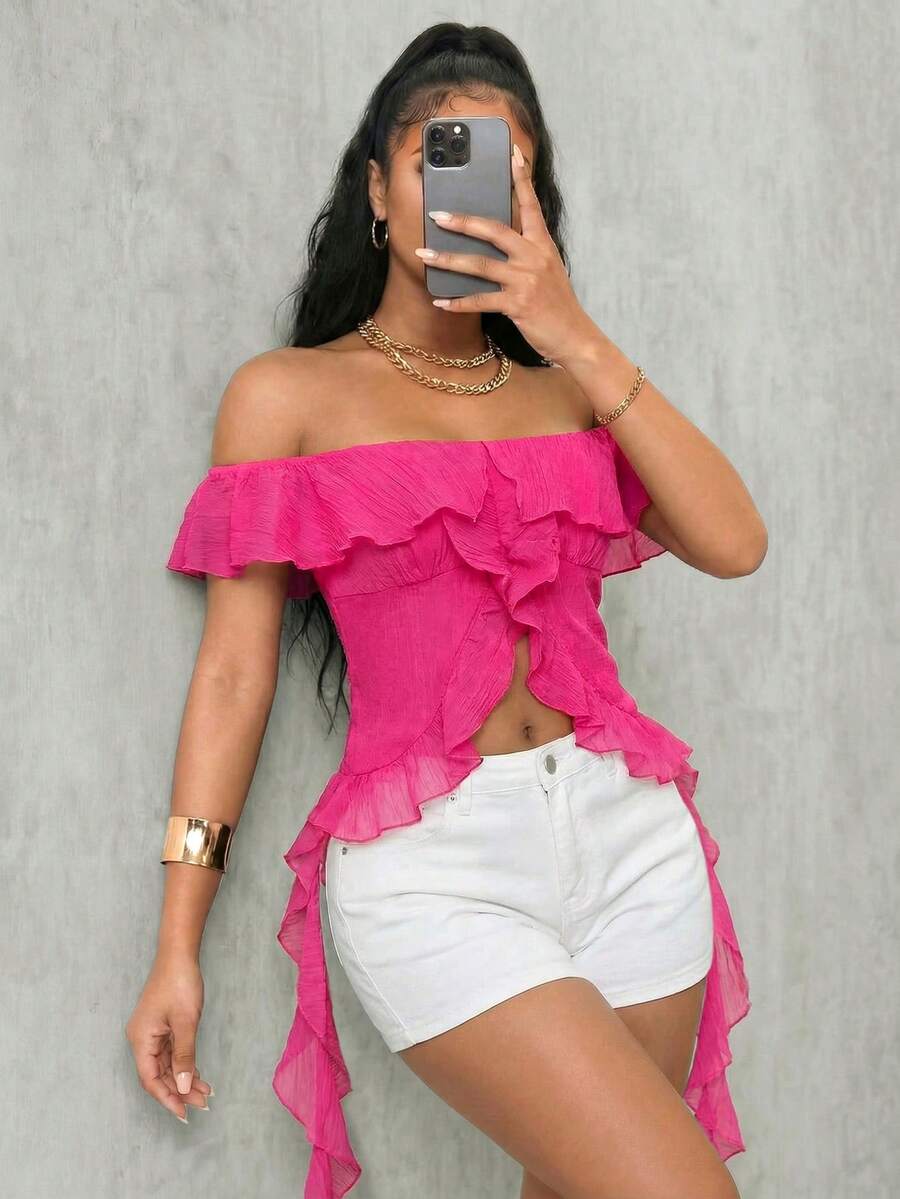 Women's Off Shoulder Top, Sexy Vacation Style, Textured Fabric Design With Ruffle Hem - Hot Pink - View 1