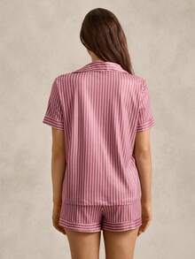 EverLounge Women's Dusty Pink Striped Pajama Set,Summer Casual Lounge Short Sleeve Button-Up Top & Elastic Waist Shorts,Relaxed Fit Soft Fabric Classic Design - Multicolor - View 2