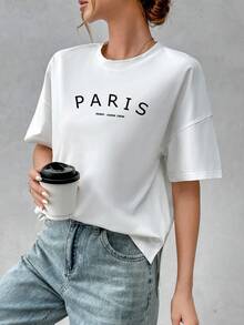 SHEIN Essnce 女士95%纯棉柔软简约基础款短前长后T恤，巴黎印花 - 时尚休闲上衣，适合外出、旅行、度假、海滩、派对、生日、音乐节、居家穿着、返校季、复古Y2K风、柔美少女/清新少女风、运动、Z世代夏季骑行和瑜伽等场合 - 白色 - 查看 4