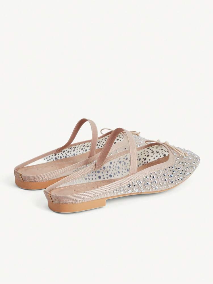 CUCCOO CHICEST Women Shoes Fashion Apricot Full Diamond Mesh Bow Mary Jane Flat Mule Shoes Elegant When Comfortable Cute Sweet Women Flat Shoes