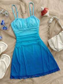 SHEIN 时尚优雅渐变色吊带连衣裙，适合少女穿着。 - 藍色 - 查看 9