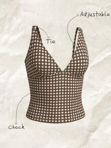 Elavelle 女士随机印花深V领吊带比基尼上衣，春夏款 - 咖啡棕 - 查看 3