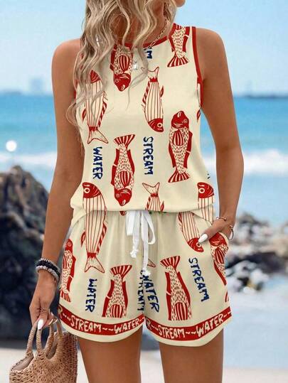 SHEIN LUNE Conjunto de 2 piezas de top de tirantes de cuello redondo y shorts casual para mujer, adecuado para el verano