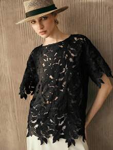 Arave Damen bestickte elegante Casual Urlaubs- & Pendler-Rundhals Kurzarm Bluse - Schwarz - Übersicht 3