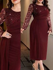 Modelyn Plus Size Elegant Party Formal Formal Formal Wedding Sequin Lace Patchwork Dress Burgundy Autumn Fall - Burgundy - View 1