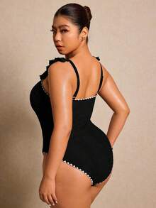 Elaquor Plus Size Color Block Trim One-Piece Swimsuit, Vacation & Beach Summer - Black - View 3