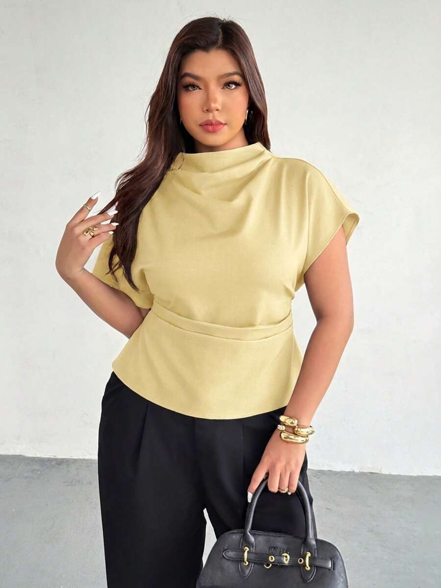 Firerie Plus Size Light Yellow Summer Smart Casual Office Women Shirt,Elegant Ruched Collar Asymmetrical Sleeve Side Ruched Waist Bamboo Fiber Fabric - Yellow - View 1