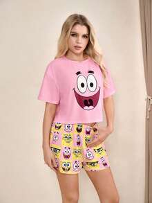 SpongeBob SquarePants | SHEIN Set de bluză și pantaloni scurți cu guler rotund și mânecă scurtă pentru femei, lenjerie de casă casual - Roz - Vizualizare 5