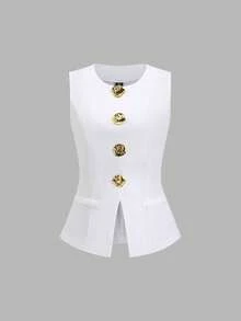 Sweetra French Minimalist Basic Metal Large Button Sleeveless Women Thin Blazer - White - View 1