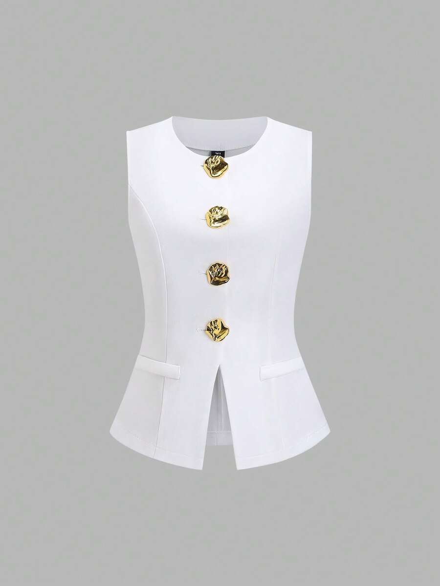 Sweetra French Minimalist Basic Metal Large Button Sleeveless Women Thin Blazer - White - View 1