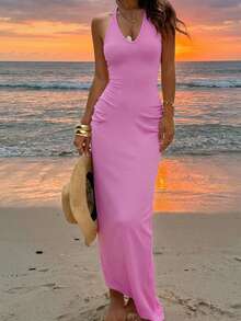 DAZY Women's V-Neck Bodycon Maxi Wrap Dress Summer Sundress - Red - View 5