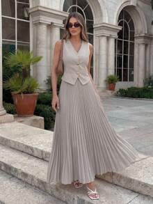 Women's Casual Solid Color Faux Pocket Pleated Vest & Skirt Suit Set, Summer Spring,Wedding Guest Dress Women - Beige - View 8