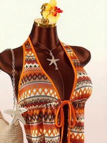 Amplova Deep V-Neck Halter Tie-Front Striped Crop Top And Super Low-Rise Mini Shorts 2 Pieces Set - Orange - View 6