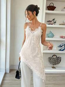 Áo hai dây nữ thanh lịch với ren, vạt lệch, cổ chữ V, thích hợp cho kỳ nghỉ, mặc hàng ngày, hẹn hò, mùa xuân/hè. - Màu be - Xem 4