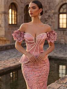 Glamrae Elegant Luxurious Beaded,Sequin & Embroidered One-Shoulder Mermaid Dress With 3D Floral Sleeves,Suitable For Bridal,Mother Of The Bride Formal Gowns - Dusty Pink - View 5