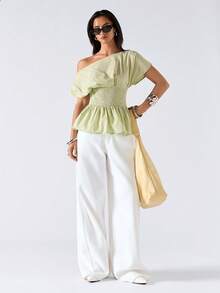 LYSMO 女士夏季休闲纯色不对称领收腰衬衫 - 綠色 - 查看 6