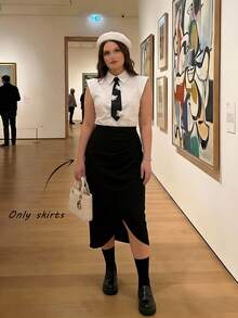 SHEIN MOD Plus Size Women Pleated Solid Color Split Hem Elegant Skirt - Black - View 6