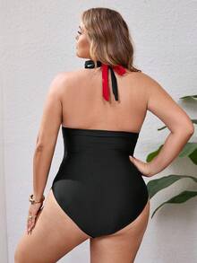 SHEIN CURVE+ 2026 New Plus Size Women 1pc Color Block V-Neck Halter One-Piece Swimsuit Summer,Vacation & Beach For Summer,Beach Outfits For Woman,Bathing Suits - Red - View 2