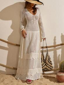 Ecru Knit Dress With Tiered Skirt Detail - Cream - View 6