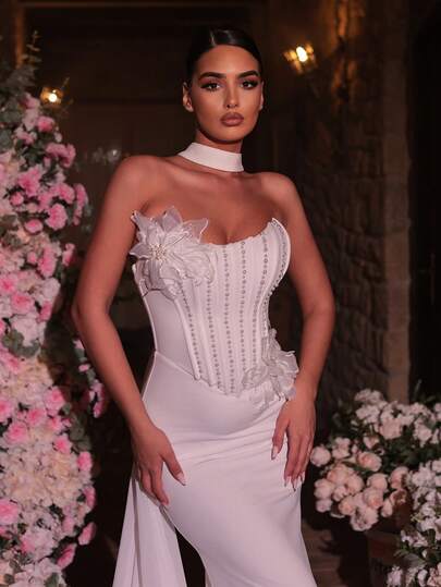 Glamrae Elegant And Luxurious White Elastic Knit, Handmade Pearl And 3D Floral Decor, Boat Neck 2 In 1 Fishtail Hem Maxi Dress, Women's Formal Evening Gown