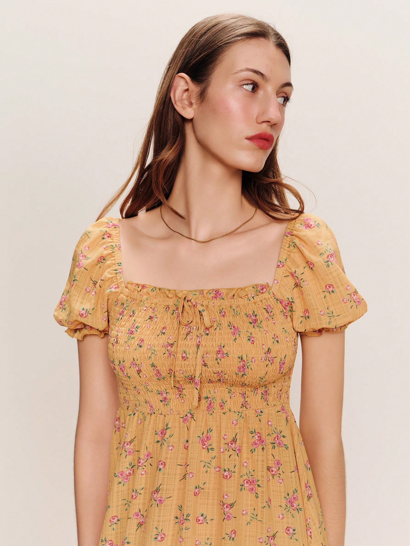Yellow Shirred Chest Pink Floral Print Dress With Square Neckline And Puff Sleeves Vintage Style Spring Summer French Style Parisian Style Holiday Dress Vacation Dress