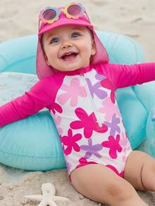 SHEIN Bộ 2 món đồ bơi dài tay chống nắng phối màu họa tiết hoa cho bé gái, kèm mũ. - Màu Hồng Tươi - Xem 7