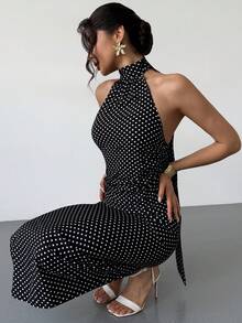 Rafferiza Đầm dự tiệc dài thanh lịch dành cho nữ, kiểu cổ yếm, hở lưng, thắt eo. - Đen và trắng - Xem 5