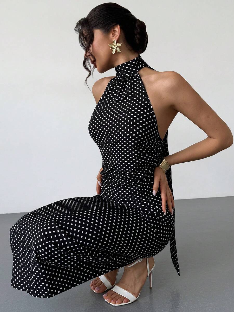 Rafferiza Đầm dự tiệc dài thanh lịch dành cho nữ, kiểu cổ yếm, hở lưng, thắt eo. - Đen và trắng - Xem 1