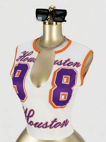 SHEIN SXY Sexy Cropped Sleeveless Vest With Numeric Print, Streetwear Style, Spring/Summer - Purple - View 3