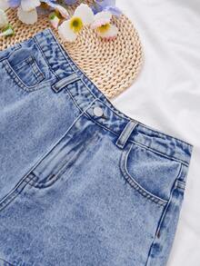 SHEIN Shorts vaqueros con bordados y moño para adolescentes, primavera-verano, lavado de piedra ligero, para vacaciones, festivales y atuendos casuales - Azul lavado medio - Ver 4