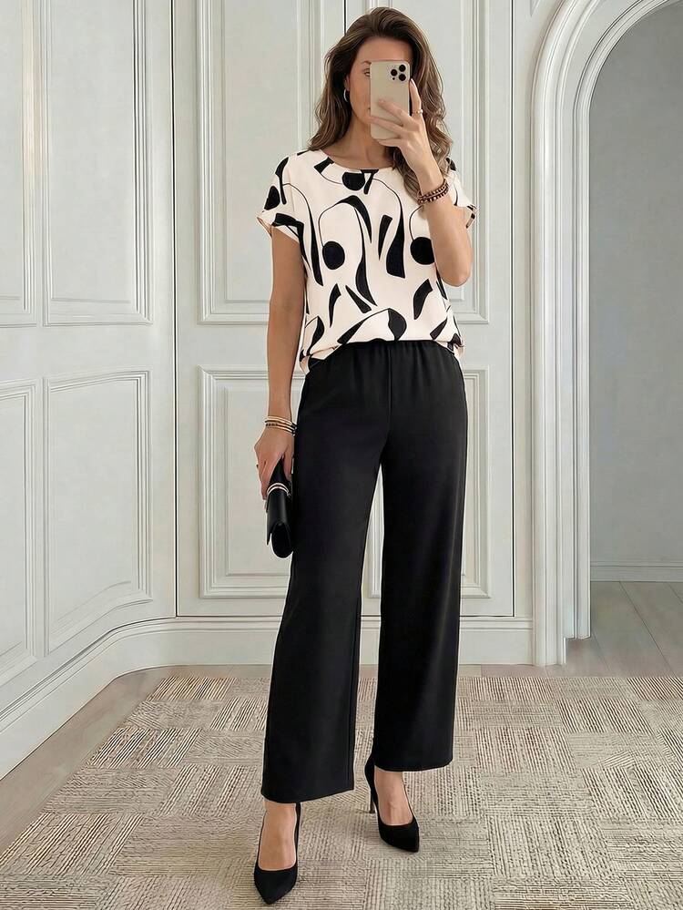 2pcs/Set Women Casual Loose Fit Round Neck Top And Wide Leg Pants, Versatile Outfit For Spring/Autumn Blouse And Pants Set Black Wide Leg Pants Black Palazzo Pants Women,Casual
